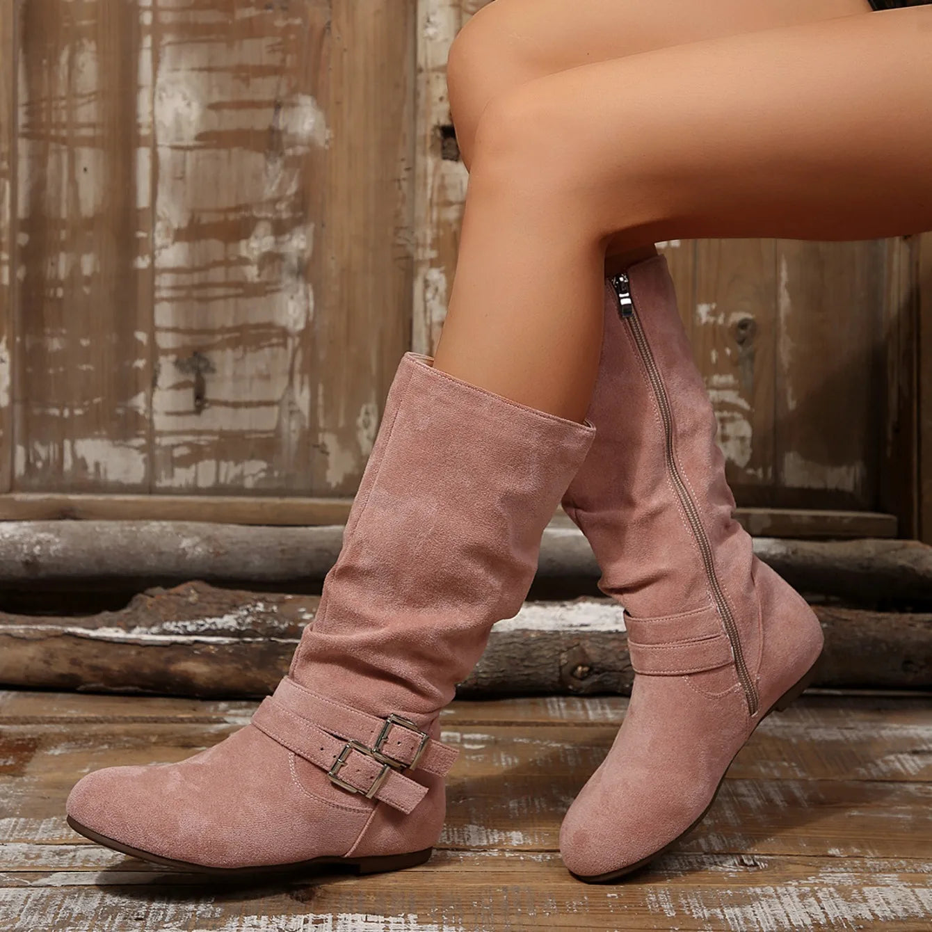 Spring Autumn Fashion Pleated Design Round Toe Women's Knee High Boots 2026 New Trend Buckle Strap Comfort Soft Sole Women Shoes