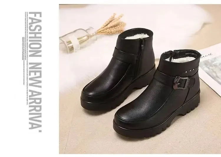 2024 Fashion Winter Women Pu Leather Ankle Boots Female Thick Plush Warm Snow Boots Mother Waterproof Non-slip Booties