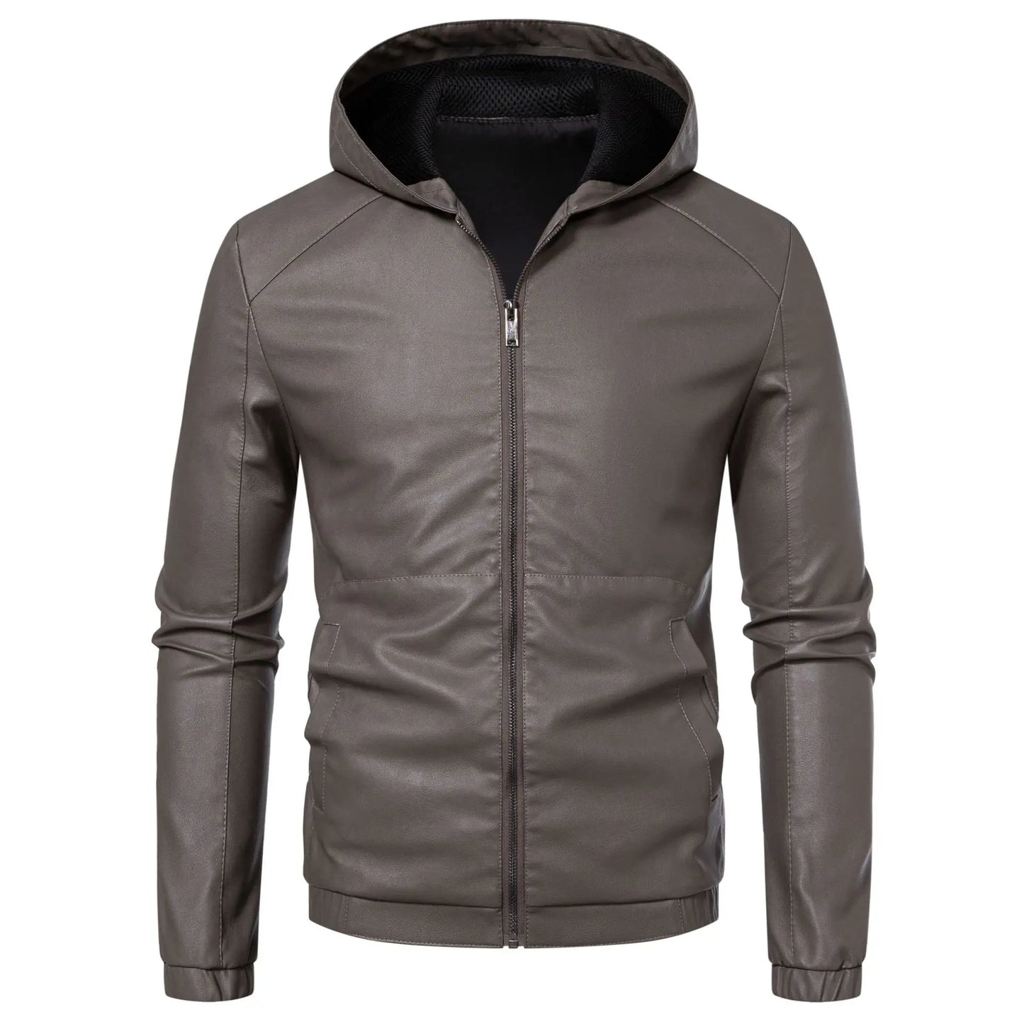 Minglu Hooed Black Pu Mens Leather Jacket Spring Autumn Long Sleeve Slim Fit Solid Color Faux Leather Zipper Male Coats 5XL