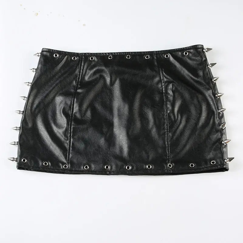 Punk Rock Leather Mini Skirt Women Y2K Studded Low Waist Bodycon Pencil Skirt Edgy Biker Chic Vintage American Retro Hot Sale