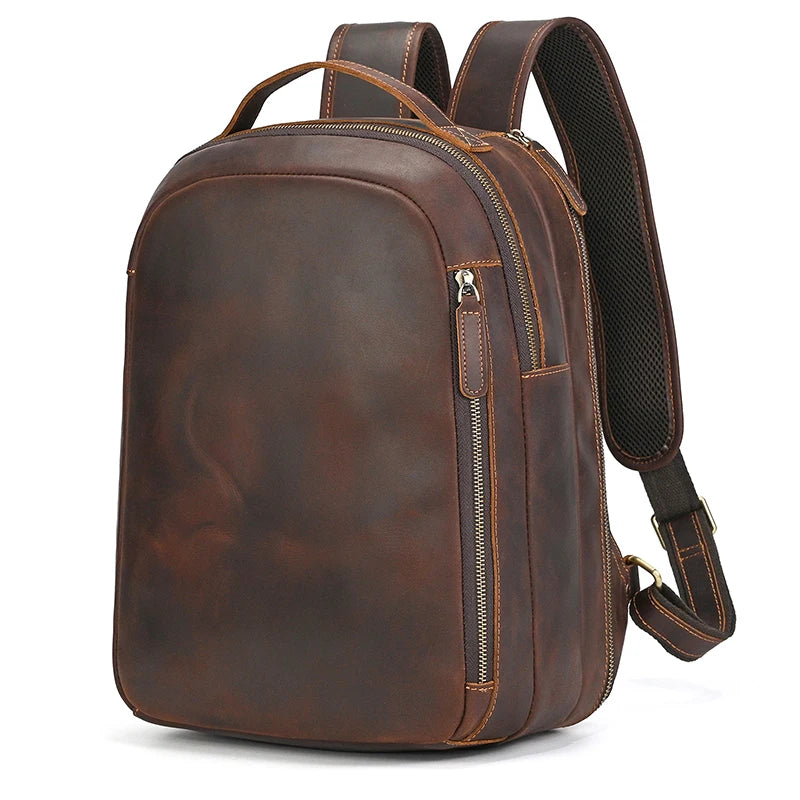 Luufan Men's Retro Crazy Horse Leather Backpack Brown Genuine Leather Rucksack Brown 14 Inch Laptop School Bag