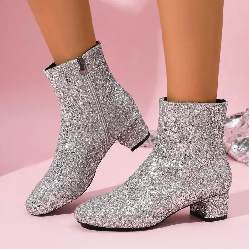 Luxury Sequin Fabric Ankle Boots Women 2026 Autumn Designer Square Toe Side Zip Short Boots Sexy Shiny Medium Heel Party Shoes