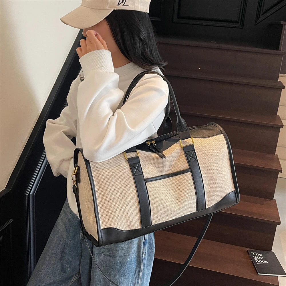 Oversized Travelling Handbags For Women Cotton Fabric Large Capacity Airplane Luggage Bag Simple Fashion Shoulder Crossbody Bags
