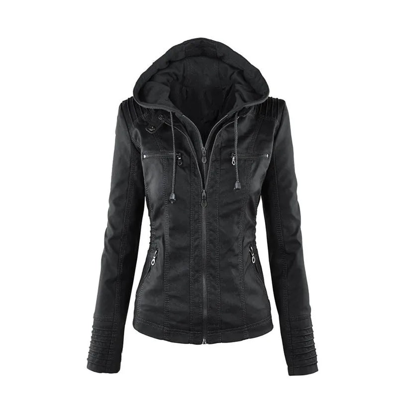 Faux Leather Jacket for Women, Female Winter Coat, Motorcycle Jacket, Faux Suede, PU Zipper Hoodies, Outerwear