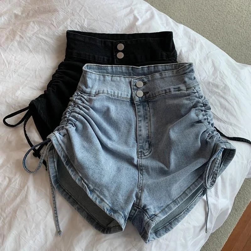 Zoki Sexy Shirring Slim Denim Shorts Women Fashion Korean High Waist Casual Shorts Summer Button All Match Harajuku Shorts New