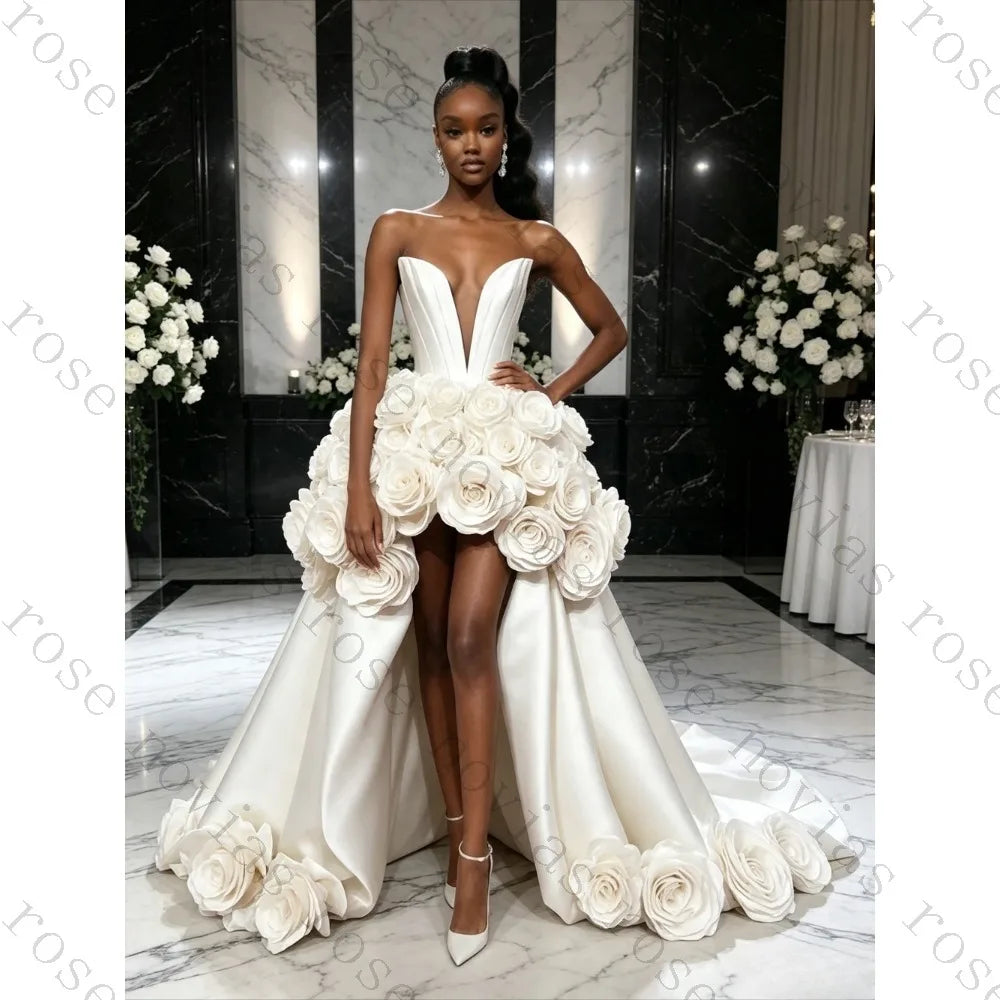 Customized Luxury 3D Floral Rose High Low Satin Bridal Gown Deep V Strapless Backless Runway Wedding Dress Vestido De Novia