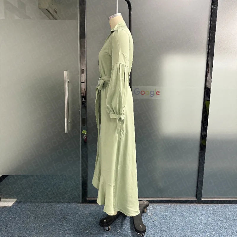 Elegant Dresses for Women Fashion Solid Lantern Sleeve Ruffle Hem Pocket Design Belt Maxi Dress Office Ladies Temperament Dress