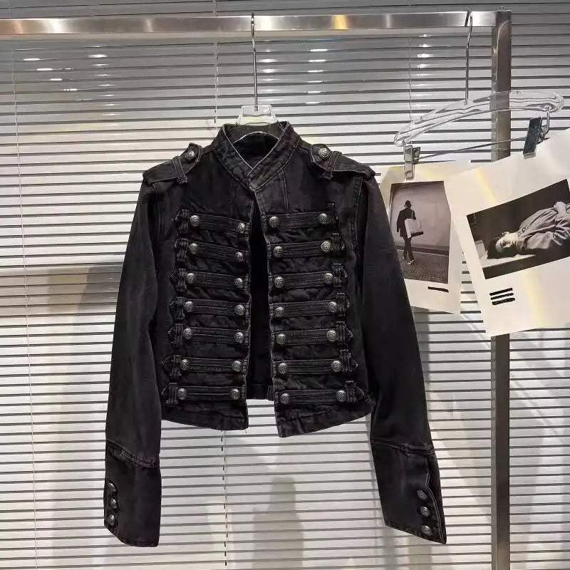 DEAT 2026 Autumn New Fashion Metal Buckle Design Shoulder Strap Denim Short Jacket For Women High Street Coat Female 11A06995