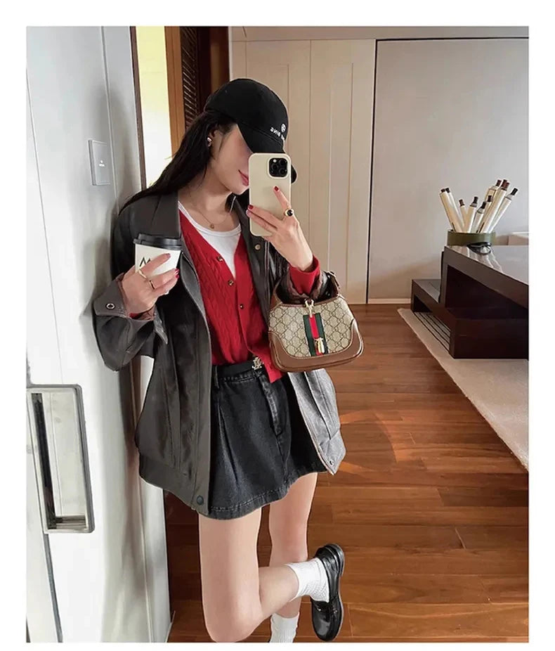 Lautaro Autumn Cool Brown Oversized Leather Jacket Women Drop Shoulder Long Sleeve Zippper High Quality American Retro Clothing