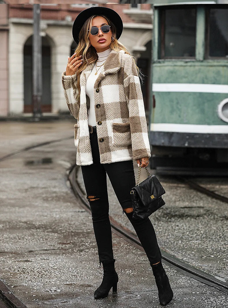 2026 Autumn Winter Long Sleeve Thick Jacket For Women Plush Warm Button Casual Coat Lady Elegant Loose Plaid Coat Female Clothes
