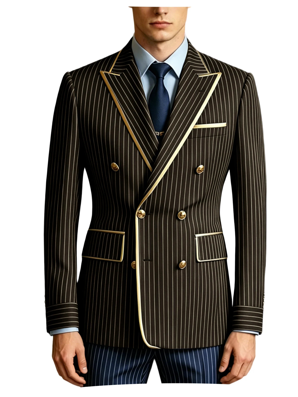 Men's Double Breasted Pinstripe Blazer Slim Fit Formal Business Suit Jacket Luxury Gold Trim  Tuxedo for Wedding Party Office