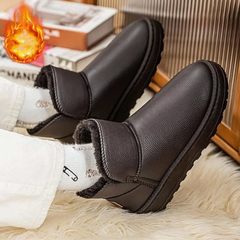 Couple Style Men's and Women's High-Top Leather Waterproof Snow Boots Plus Velvet Warm Boots and Cotton Shoes