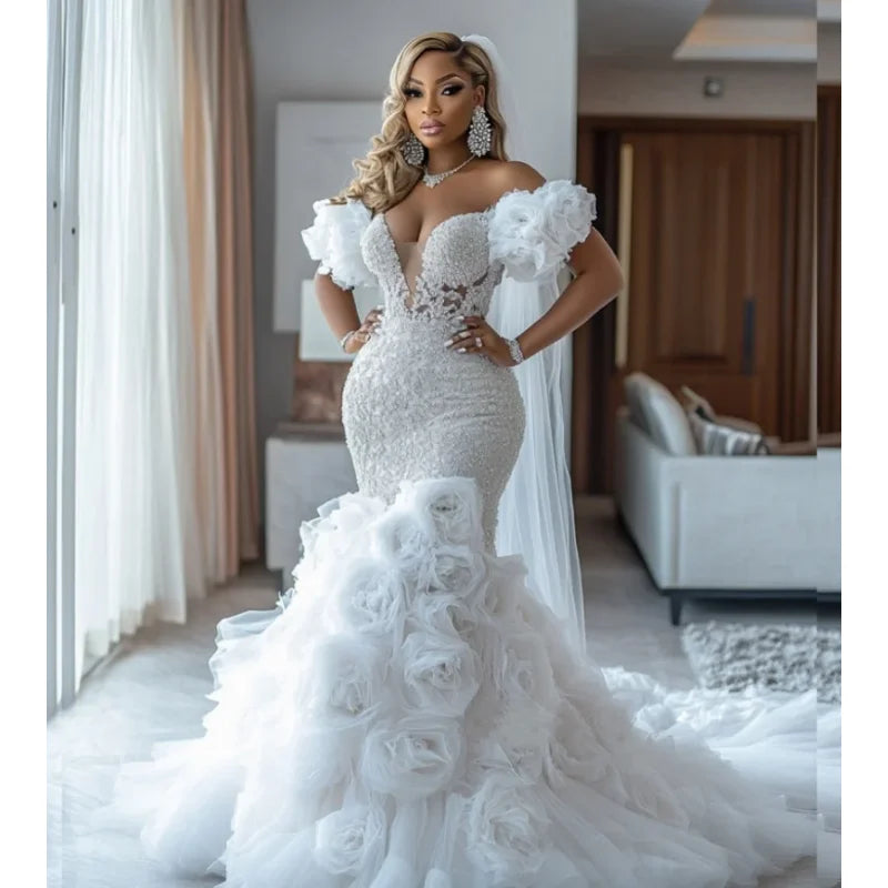African Luxury Mermaid Wedding Dress Exquisite Handmade Flower Lace Bride Dress Pleat Layered Plus Size Wedding Dress Custom