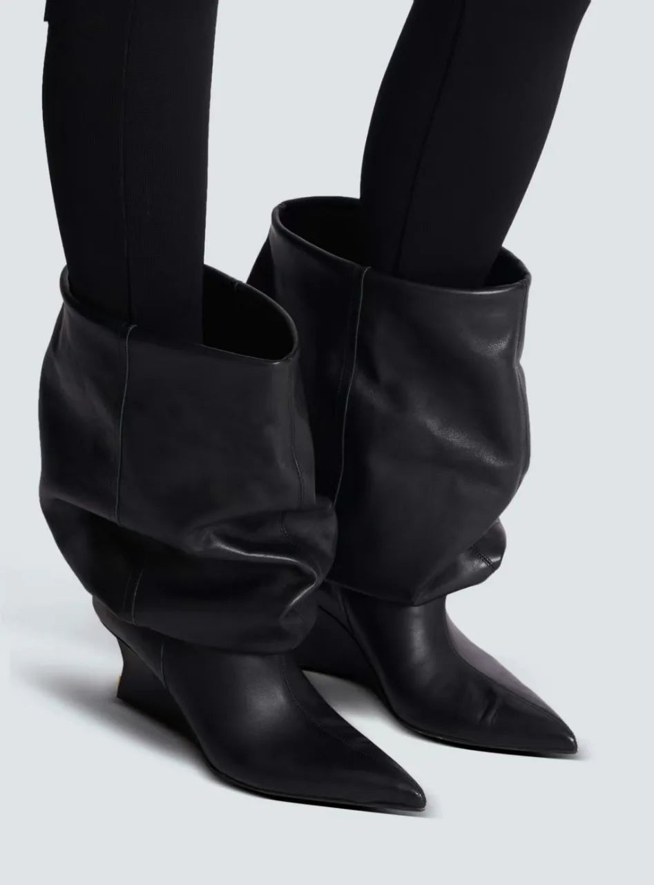 Women's Fashion Pointed Thick Soled Pleated Short Boots, Autumn and Winter Thick Heeled Long Boots, Sexy Runway Women's Boots