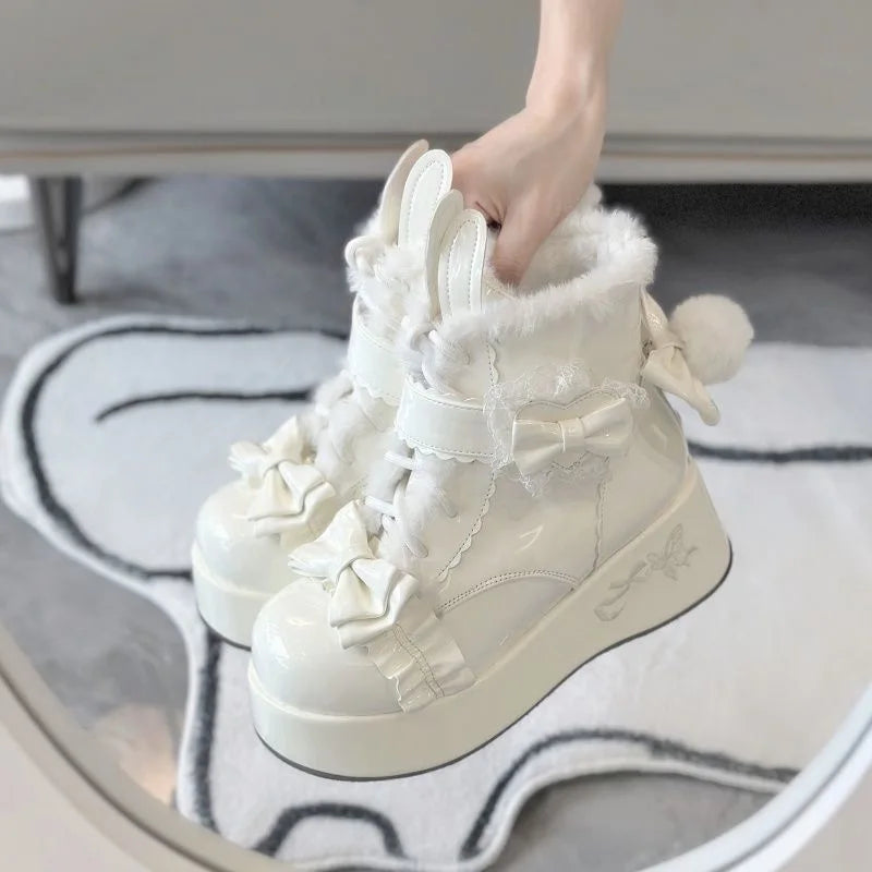 Kawaii Rabbit Tail Short Boots Women's Fleece Lined Thick Heel Lolita Snow Boots Winter Warm Cute Cotton Shoes for Women