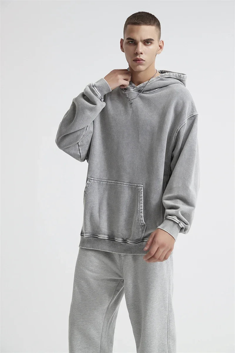 2024 Autumn Winter Men 420gsm Hoodies Streetwears High Street Heavy Weight Washed Cotton Sweatshirts Brand Tracksuit