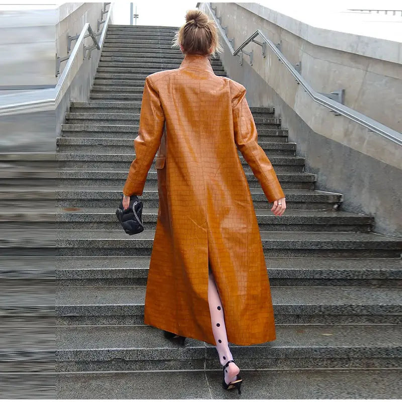 Fashion Croc Pattern PU Leather Women's Jacket Stand Collar Oversize Long Sleeve Chic Coat  2026 Autumn Winter New Daily Wear