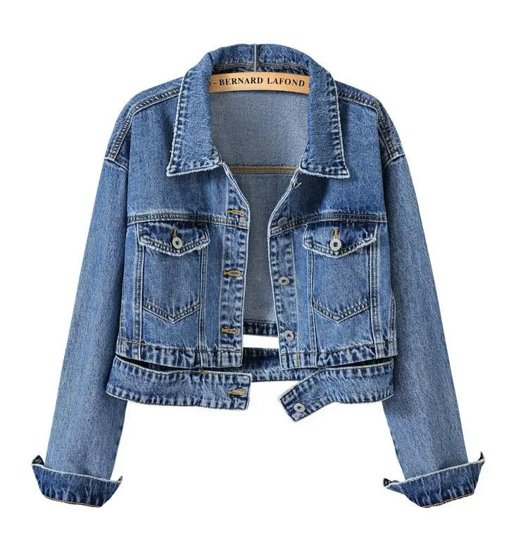 2026 Women's Blue Shorts Denim Jacket, Fashion Casual Coat Black Lapel Single-breasted Long-sleeved Female Overcoat S-XXXL