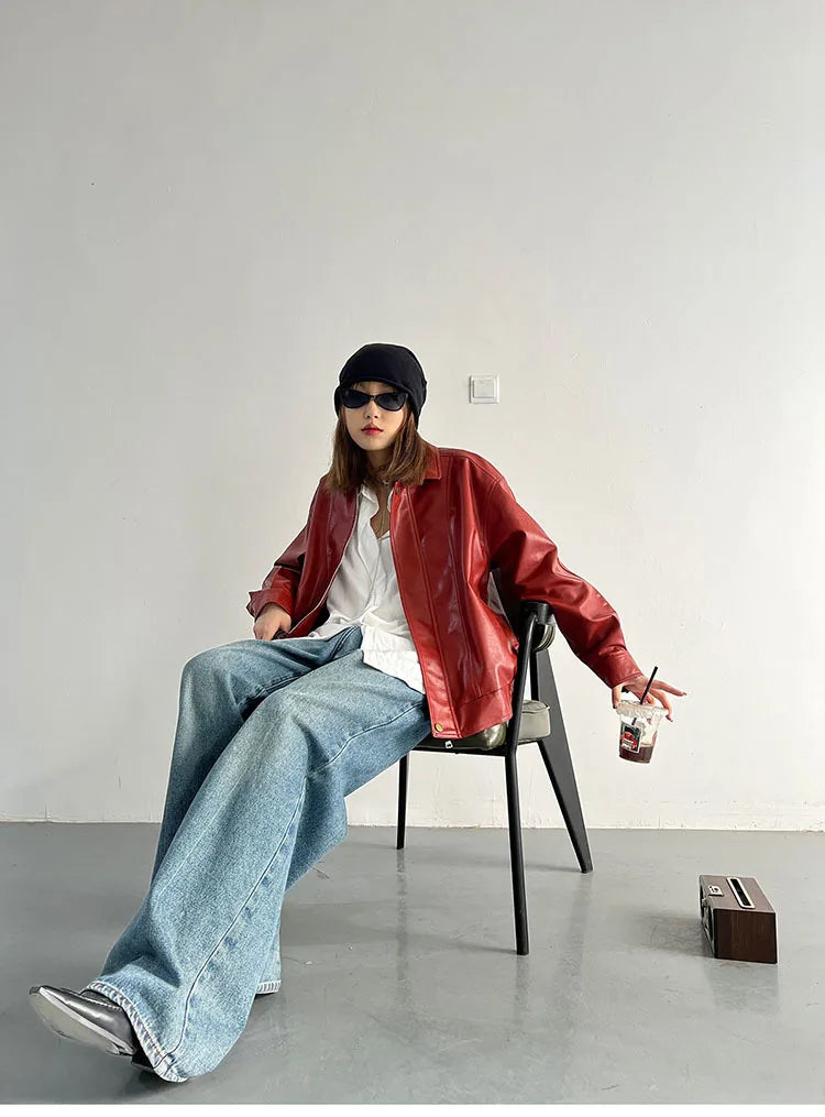 Punk Vintage Red Leather Jacket Women Streetwear Moto Biker Zipper Leather Jacket Female Winter High Street Chic Leather Coat