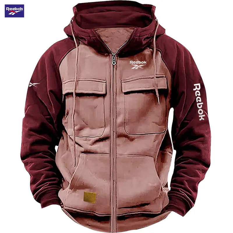 2026 Reebok New Autumn-Winter Men's Hooded Patchwork Casual Sweatshirt, Loose-Fit Fashionable Youth Multi-Pocket Padded Hoodie