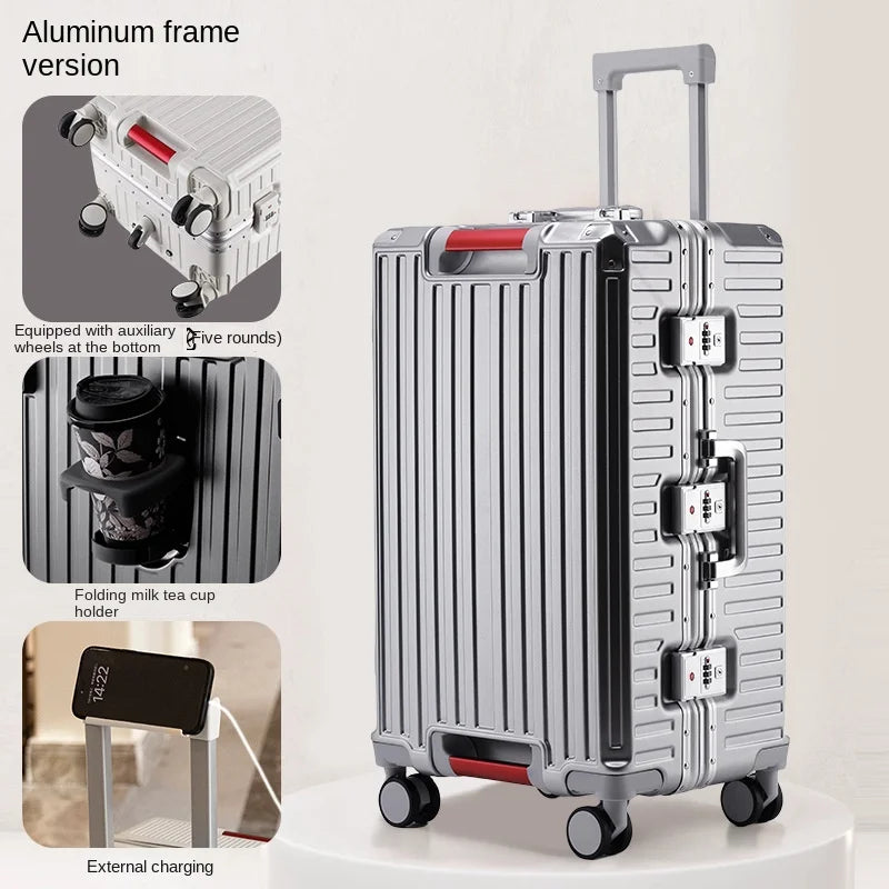 Five-wheel Aluminum Frame Suitcase 30 inch Multifunctional Cabin Password Trolley Case Luggage with USB Cup Holder Suitcases