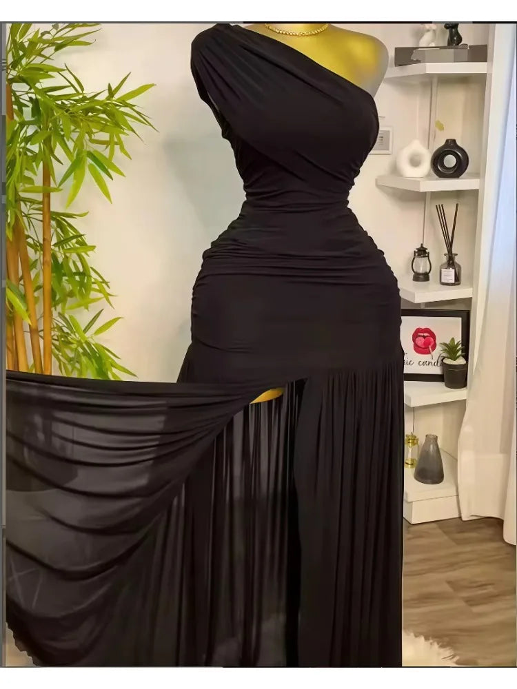 Women One Shoulder Skew Neck High Split Pleated Hem Bodycon Long Maxi Dress 2025 Evening Sexy Club Party Dresses Vestido