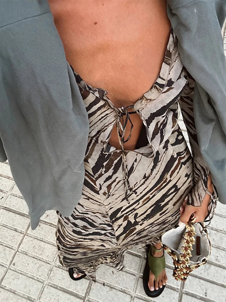 Casual Tiger Stripe Lace Up Women Dress Hollow Out V-neck Side Split Female Maxi Dresses 2024 Spring Autumn New Chic Lady Robe