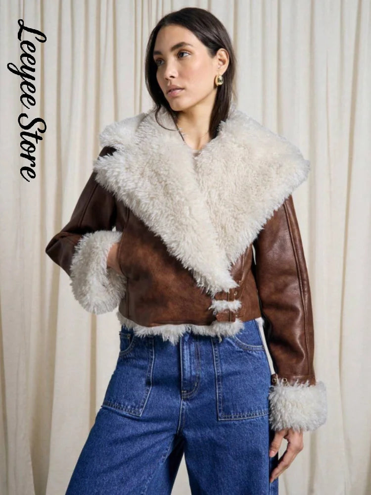 Women Brown Faux Leather Cropped Jacket  Lapel Collar Fur‑Trimmed Cuff Buckle Decor Zip‑Up Thick Warm Coat Lady Winter Outerwear