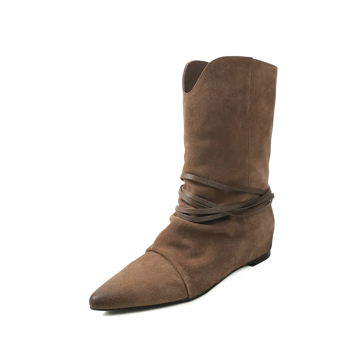 Arden Furtado Autumn Cow Suede Increased Internal Western Boots Pointed Toe Pleated Slip-On Middle Ankle Strap Short Boots