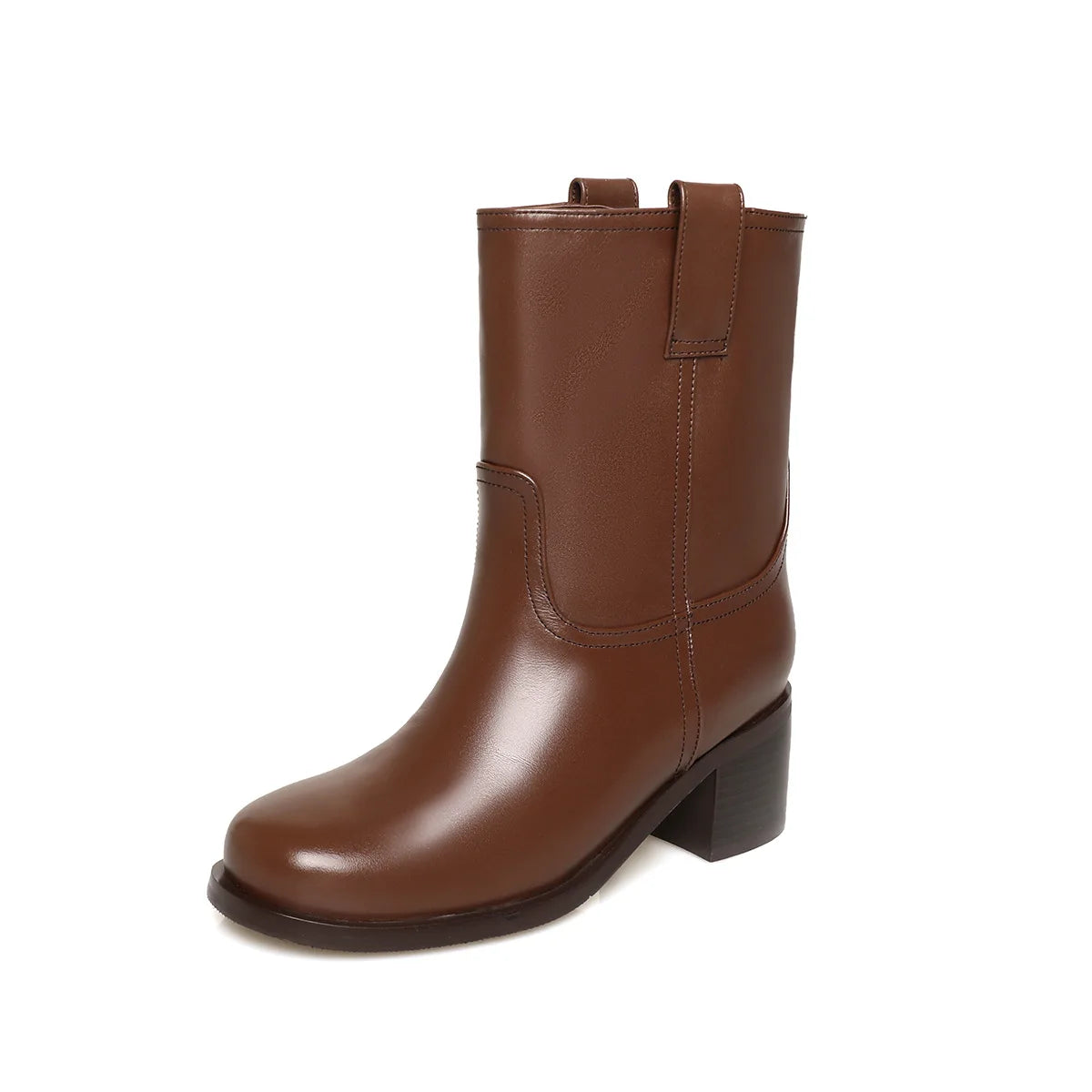 Arden Furtado Autumn Cowhide Knee High Boots Round Toe Pull-On Chunky Heels Riding Boots British Style Large Size Boots