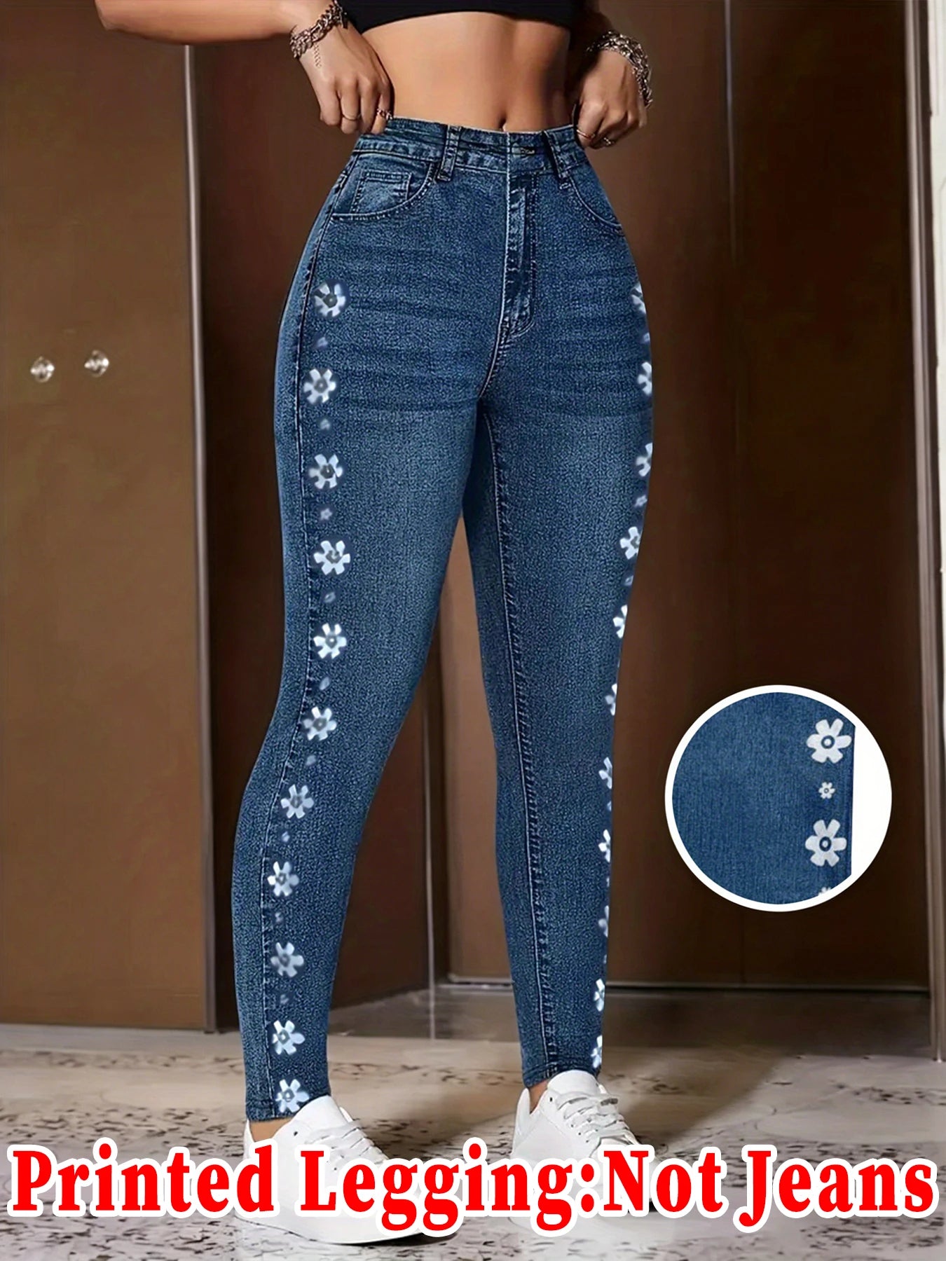 Fashion Women Faux Denim Printed Skinny Pants, High Elastic Seamless Fake Pocket Casual Sports Long Leggings