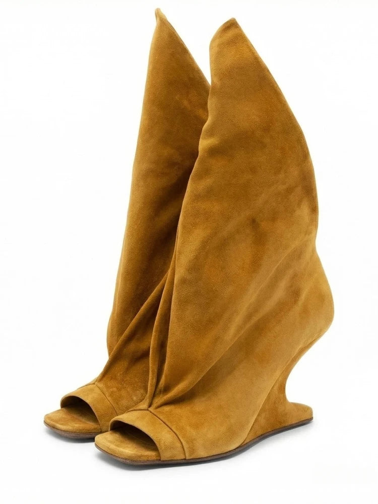 Runway Style Women Peep Toe Tall Boots Sculptural Wedge Heel Draped Pleated Upper Trendy Evening Statement Fashion Footwear