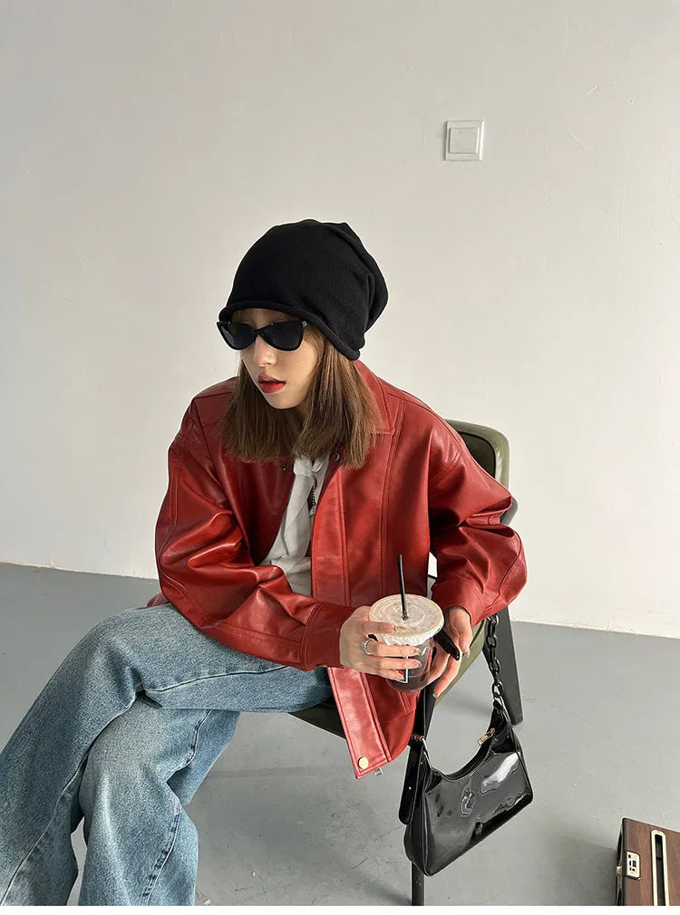 Punk Vintage Red Leather Jacket Women Streetwear Moto Biker Zipper Leather Jacket Female Winter High Street Chic Leather Coat