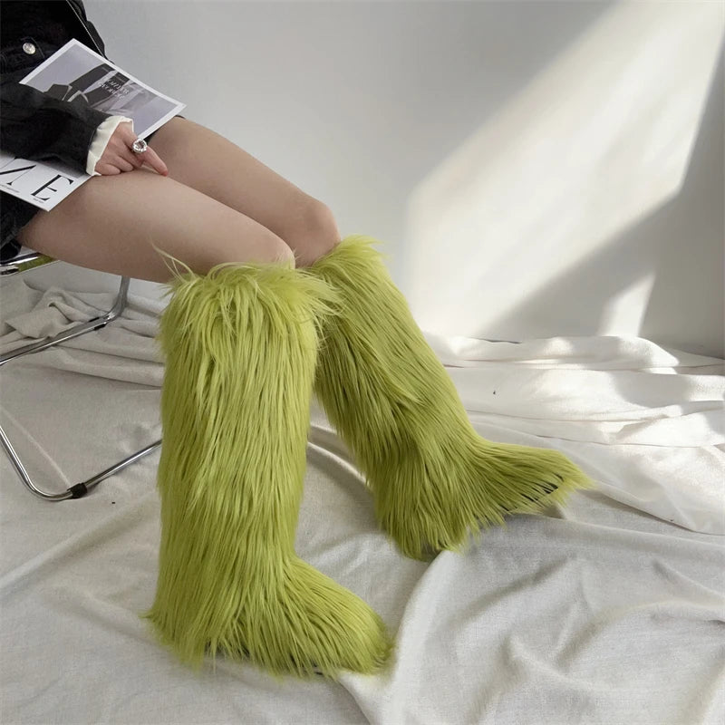 Hot Sale Ins Fashion Long Women Furry Boots Winter Knee Length Keep Warm Ladies Snow Boots