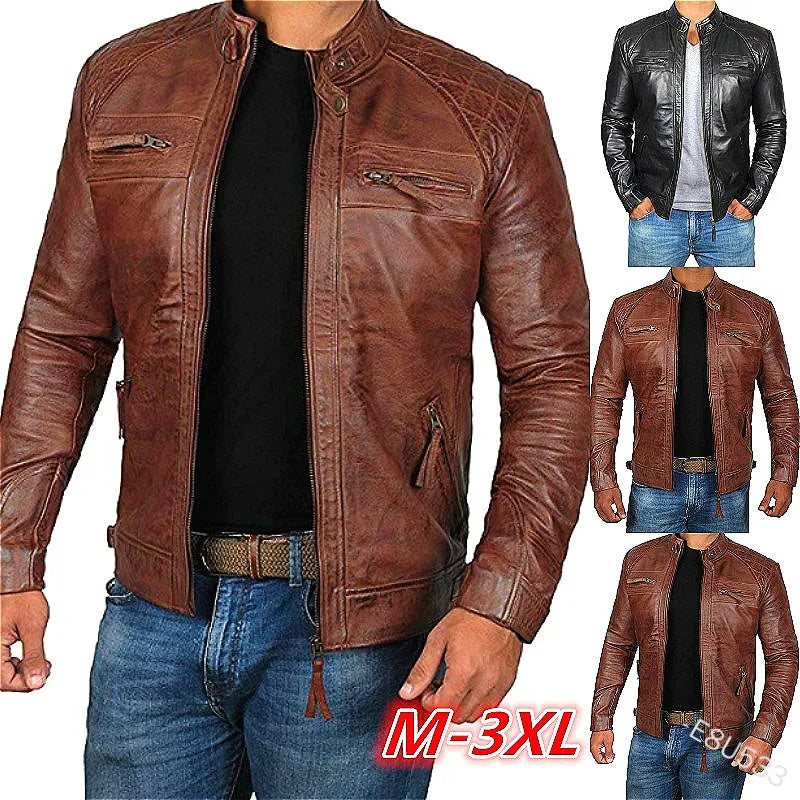 High Quality PU Coat Autumn Leather Jacket Men Slim Casual Moto Biker Stand Collar Solid High Quality Korean Leather Jakcets