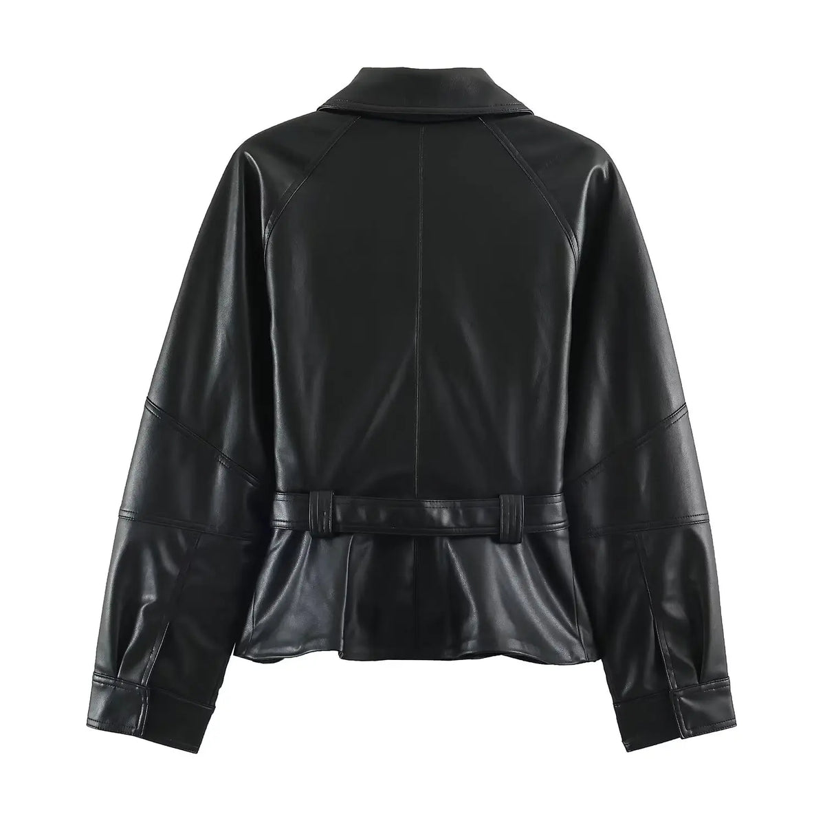 Women's PU Leather Jacket 2026 Retro Black Lapel Asymmetrical Zipper Belted Waist Zipper Pockets Cropped Biker Coat