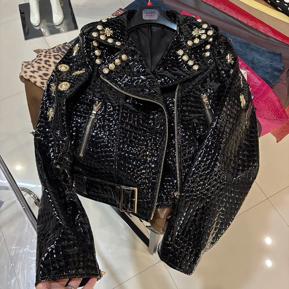 Women Stylish Gold Rivet Real Leather Jacket High Glossy Genuine Leather Asymmetrical Zip Biker Jacket