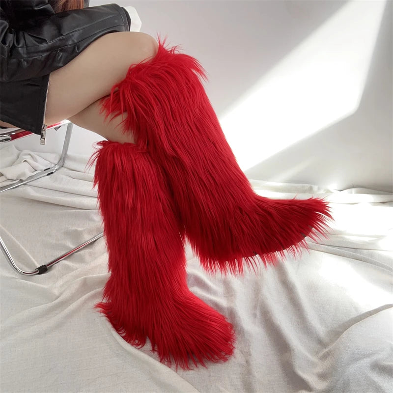 Hot Sale Ins Fashion Long Women Furry Boots Winter Knee Length Keep Warm Ladies Snow Boots