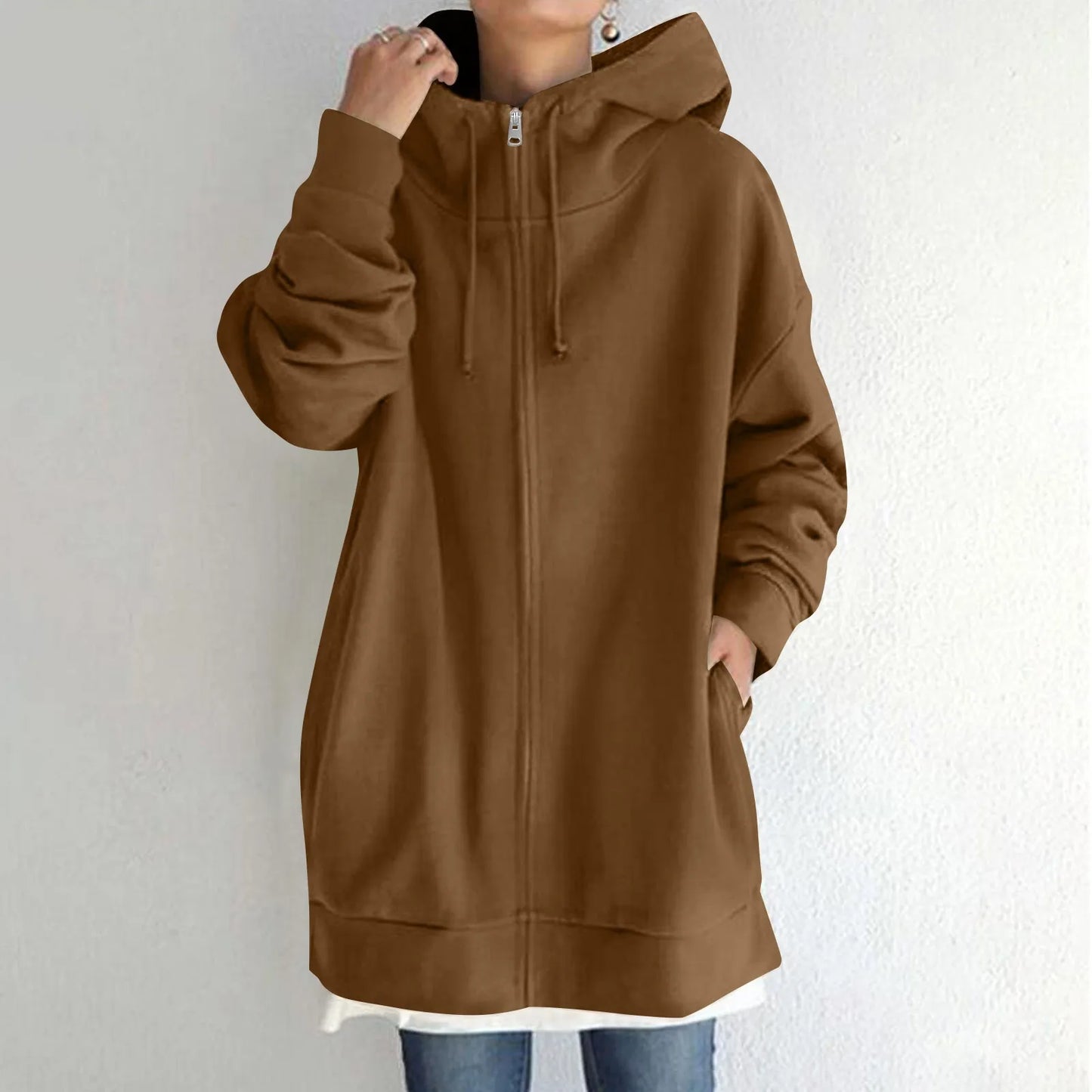 Plus Size Long Hoodies Tunic Fashion Long Sweatshirts Solid Color Fleece Knitted Zip Up Jackets With Pockets For Women