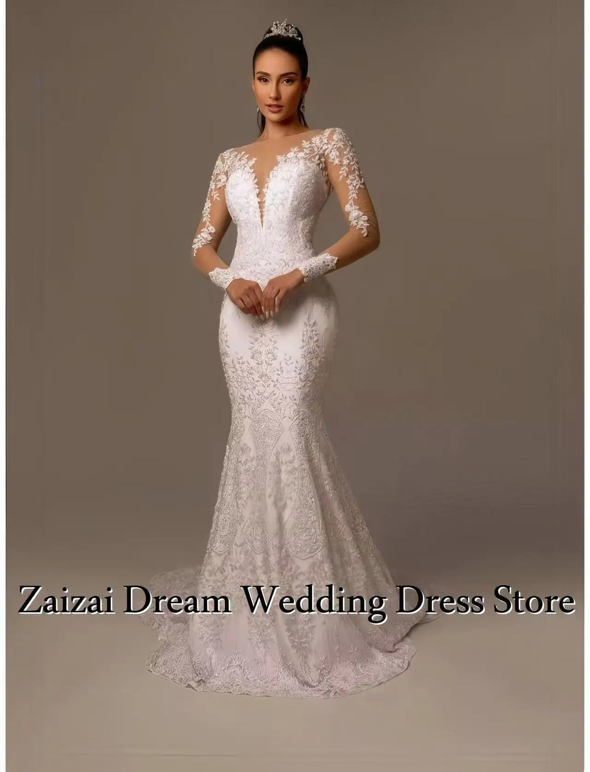 Customized Elegant O-Neck Buttons Up Back Long Sleeve Beading Appliques Mermaid Wedding Dress Vestido De Noiva