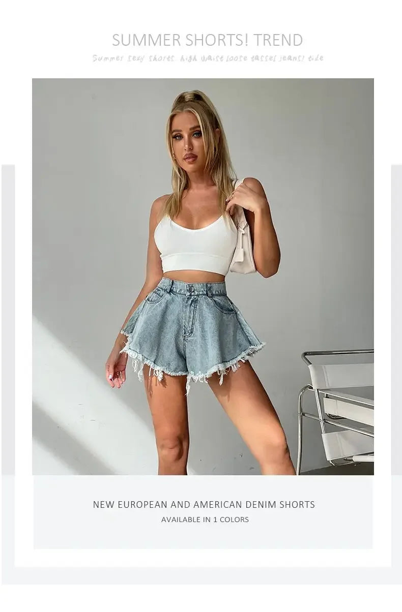 Wide Leg Shorts Women Y2k Denim Frayed Sexy Girls High Waist Hotsweet All-match Vintage Fashion Pockets European Style Females