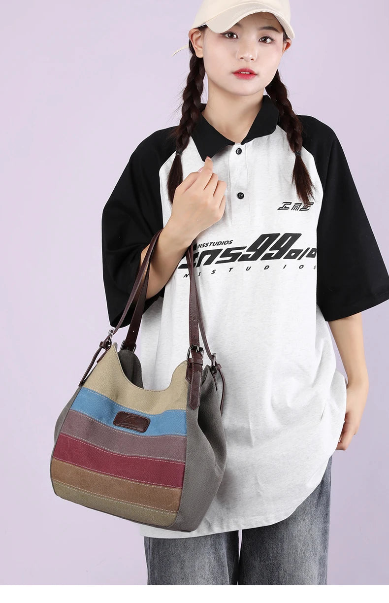Canvas patchwork Female Top-Handle Bag Women Shoulder Bag Vintage Ladies Commuting Handbags