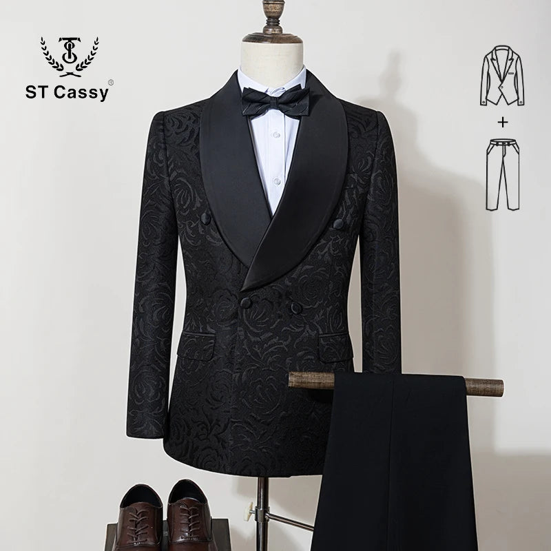 Black Luxury 2-Piece Set Men Suit Party Shawl Collar Double Breasted Business Casual Suit Groom's Wedding Dress Jacquard Pattern