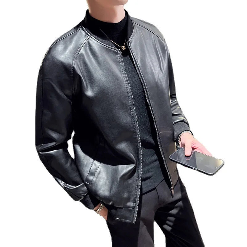 New Men's Faux Leather Jacket Motorcycle Biker Coat Stand Collar Zipper Slim Fit Casual Streetwear Outerwear
