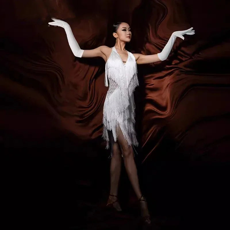 Women Backless Fringe Sexy Black Dress Cha Cha Rumba Samba Tango Dance Costume Prom Wear Latin Dance Copetition Dress