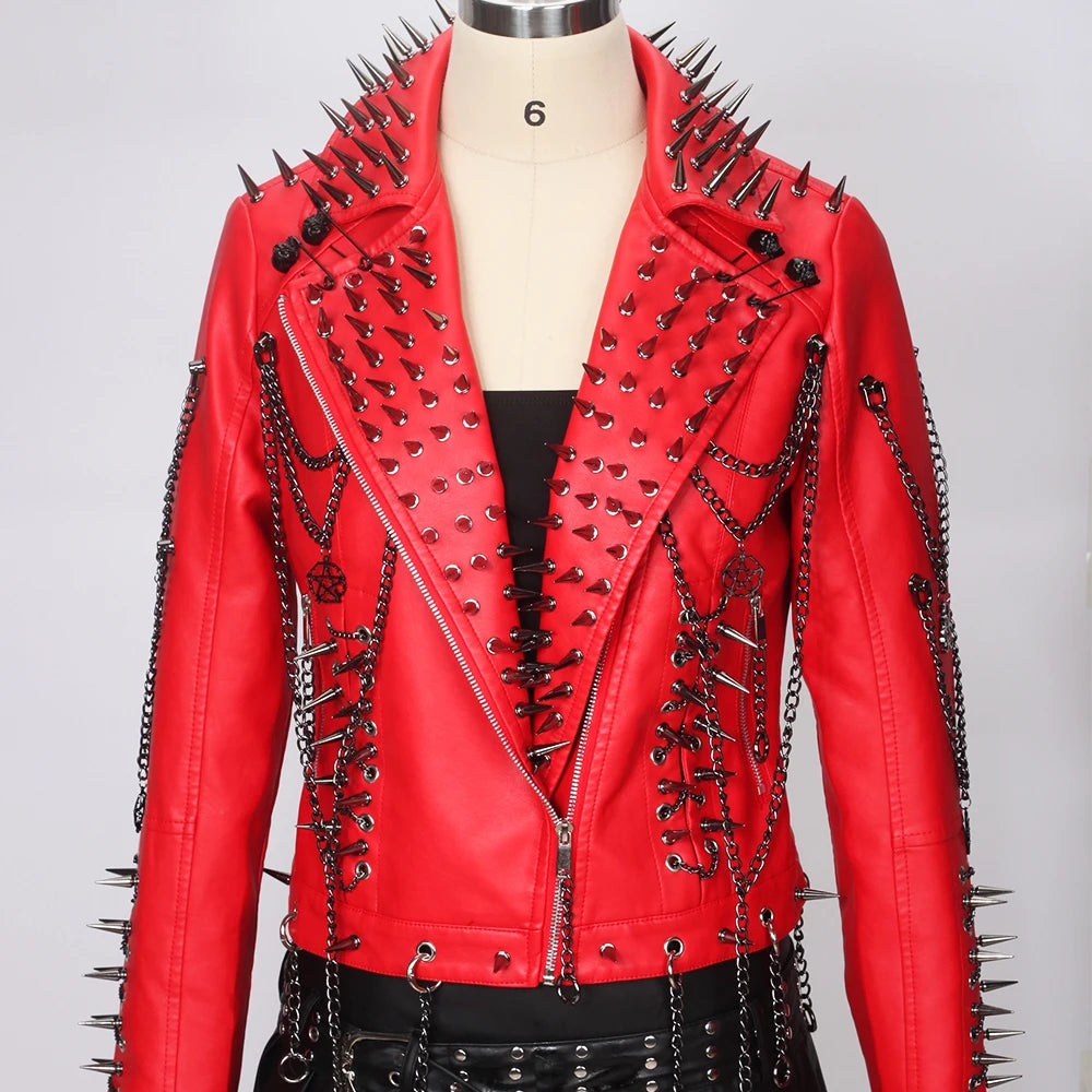 Women's Red PU Leather Gothic Punk Biker Jacket with Spikes Vintage Studded Y2K Rocker Grunge Spiked Coat Emo Alt Goth Clothing