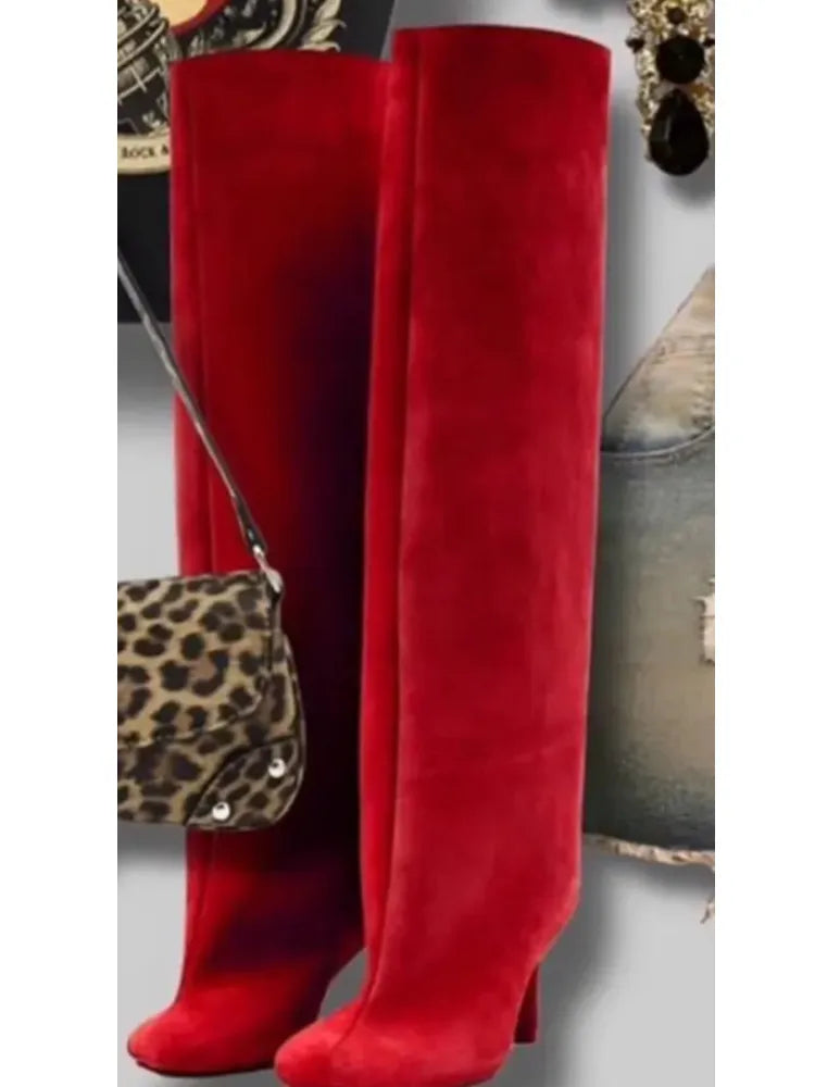 2025Women's Autumn and Winter New Slim Fit High Heels Knee High Boots Fashionable Plus Size Medium Long Boots Knight Boots