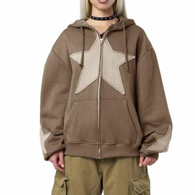 Women's Graphic Hoodie Y2k Zip Up Hoodies Star Patchwork Oversized Sweatshirt with Drawstring Aesthetic Pullover with Hood Shirt