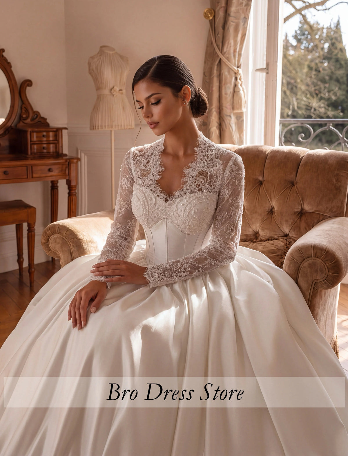 Customized Royal Princess Wedding Dress Satin Ball Gown Lace Long Sleeves Corset V Neck Luxury Bridal Gown Vestido de Novia
