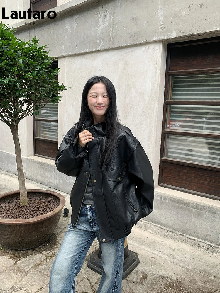Lautaro Spring Winter Cool Oversized Thicken Warm Black Hard Pu Leather Jacket Women Long Sleeve High Quality American Clothing